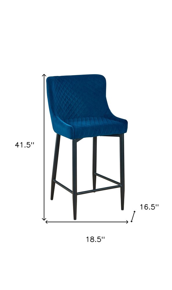 Set of Two 30" Blue and Black Velvet and Metal Low Back Bar Height Bar Chairs