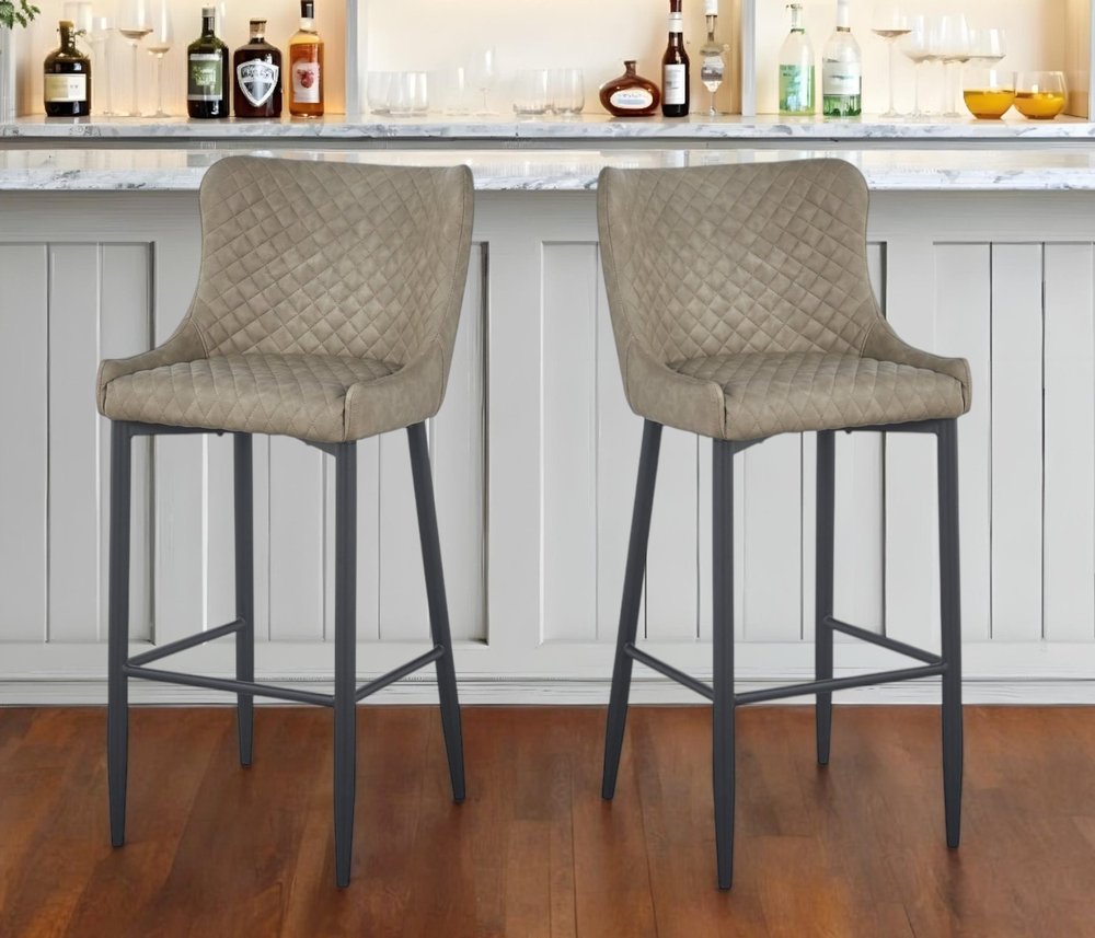 Set of Two 30" Gray and Black Faux Leather and Metal Low Back Bar Height Bar Chairs