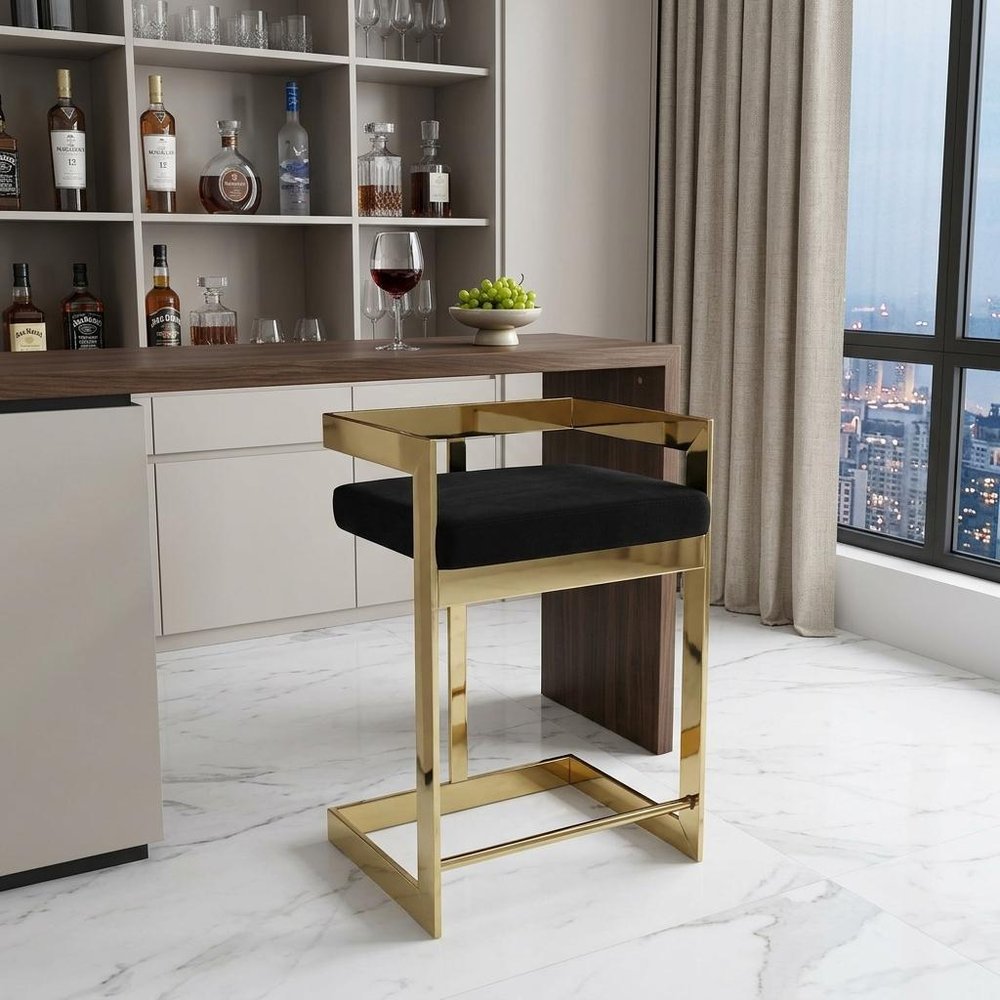 30" Black and Gold Velvet and Stainless Steel Low Back Bar Height Bar Chair