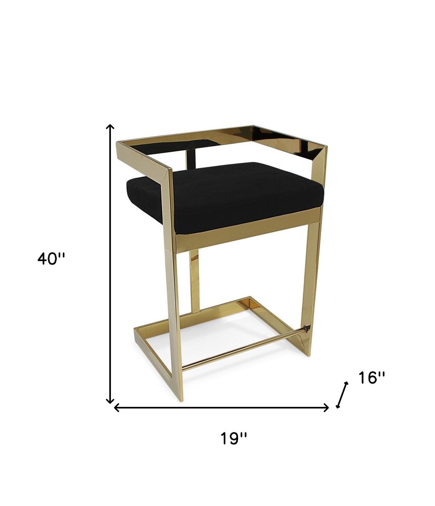 30" Black and Gold Velvet and Stainless Steel Low Back Bar Height Bar Chair