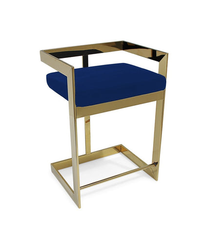 30" Blue and Gold Metal and Velvet Low Back Bar Height Bar Chair