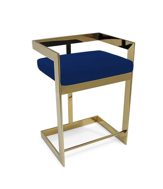 30" Blue and Gold Metal and Velvet Low Back Bar Height Bar Chair