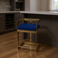 30" Blue and Gold Metal and Velvet Low Back Bar Height Bar Chair