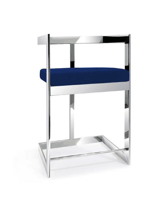 30" Blue and Silver Metal and Velvet Low Back Bar Height Bar Chair