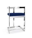 30" Blue and Silver Metal and Velvet Low Back Bar Height Bar Chair