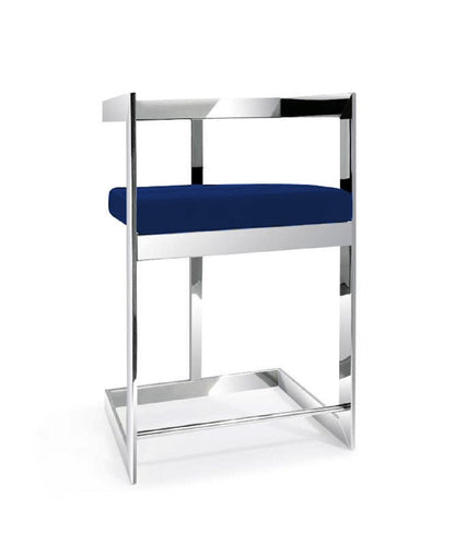 30" Blue and Silver Metal and Velvet Low Back Bar Height Bar Chair