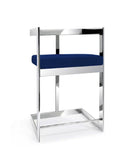 30" Blue and Silver Metal and Velvet Low Back Bar Height Bar Chair