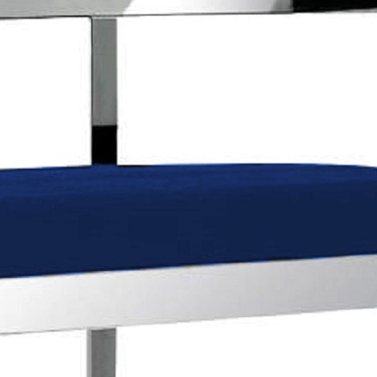 30" Blue and Silver Metal and Velvet Low Back Bar Height Bar Chair
