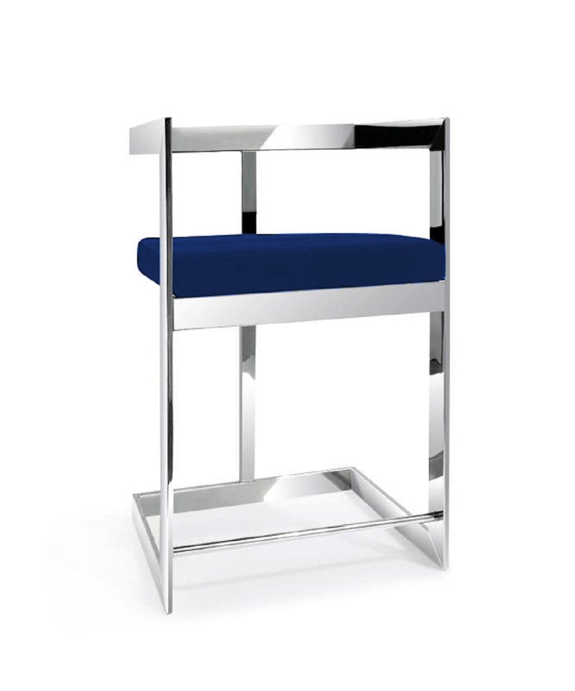 30" Blue and Silver Metal and Velvet Low Back Bar Height Bar Chair