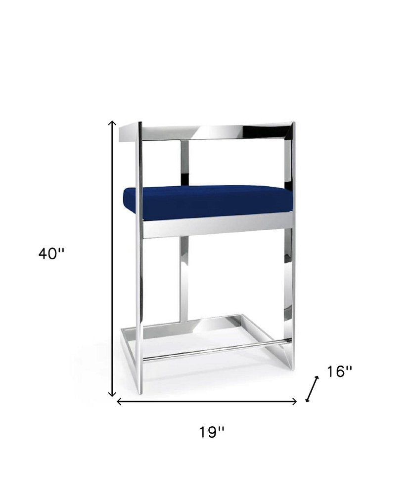 30" Blue and Silver Metal and Velvet Low Back Bar Height Bar Chair