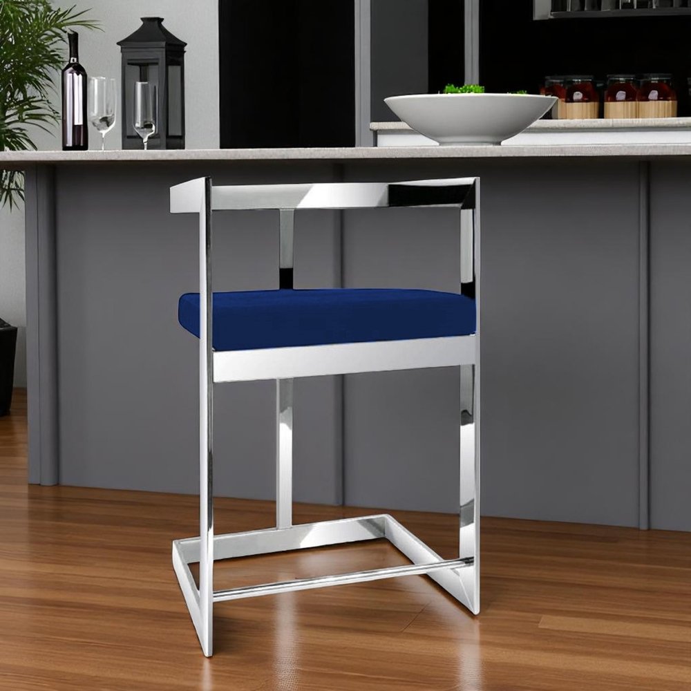 30" Blue and Silver Metal and Velvet Low Back Bar Height Bar Chair