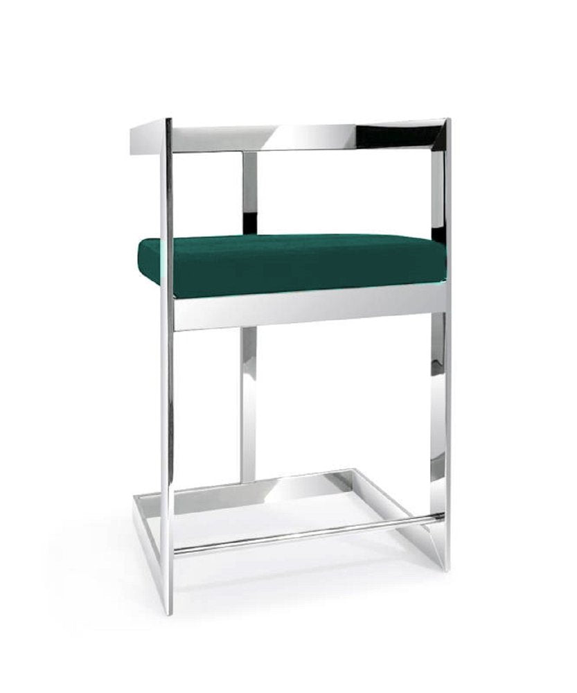 30" Green and Silver Metal and Velvet Low Back Bar Height Bar Chair