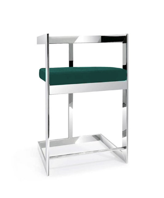30" Green and Silver Metal and Velvet Low Back Bar Height Bar Chair