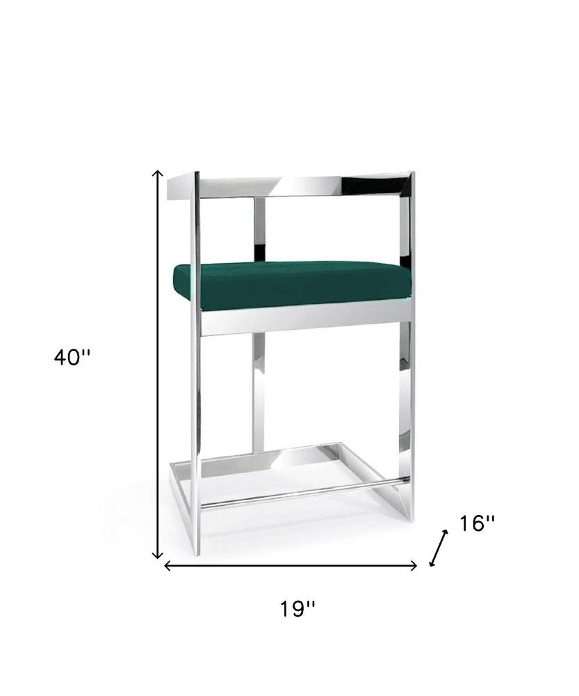 30" Green and Silver Metal and Velvet Low Back Bar Height Bar Chair