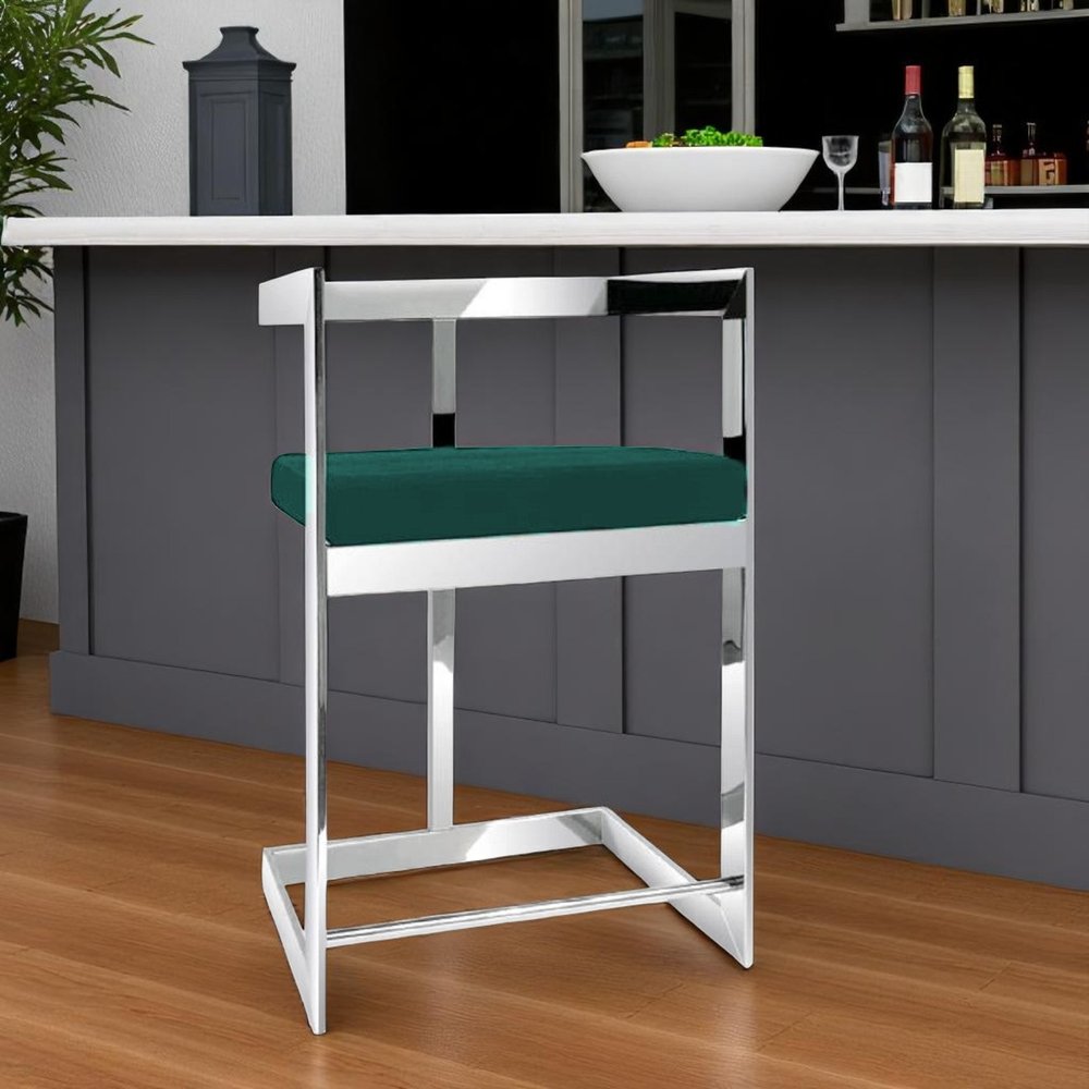 30" Green and Silver Metal and Velvet Low Back Bar Height Bar Chair