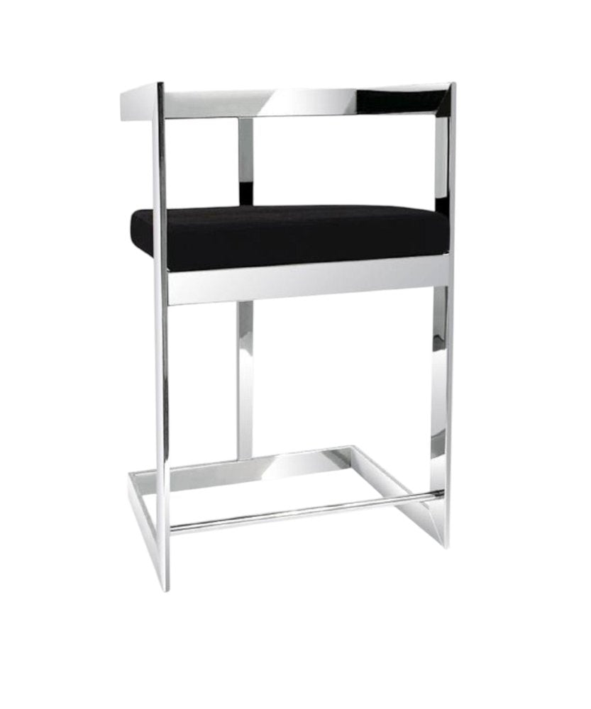 30" Black and Silver Velvet and Stainless Steel Low Back Bar Height Bar Chair