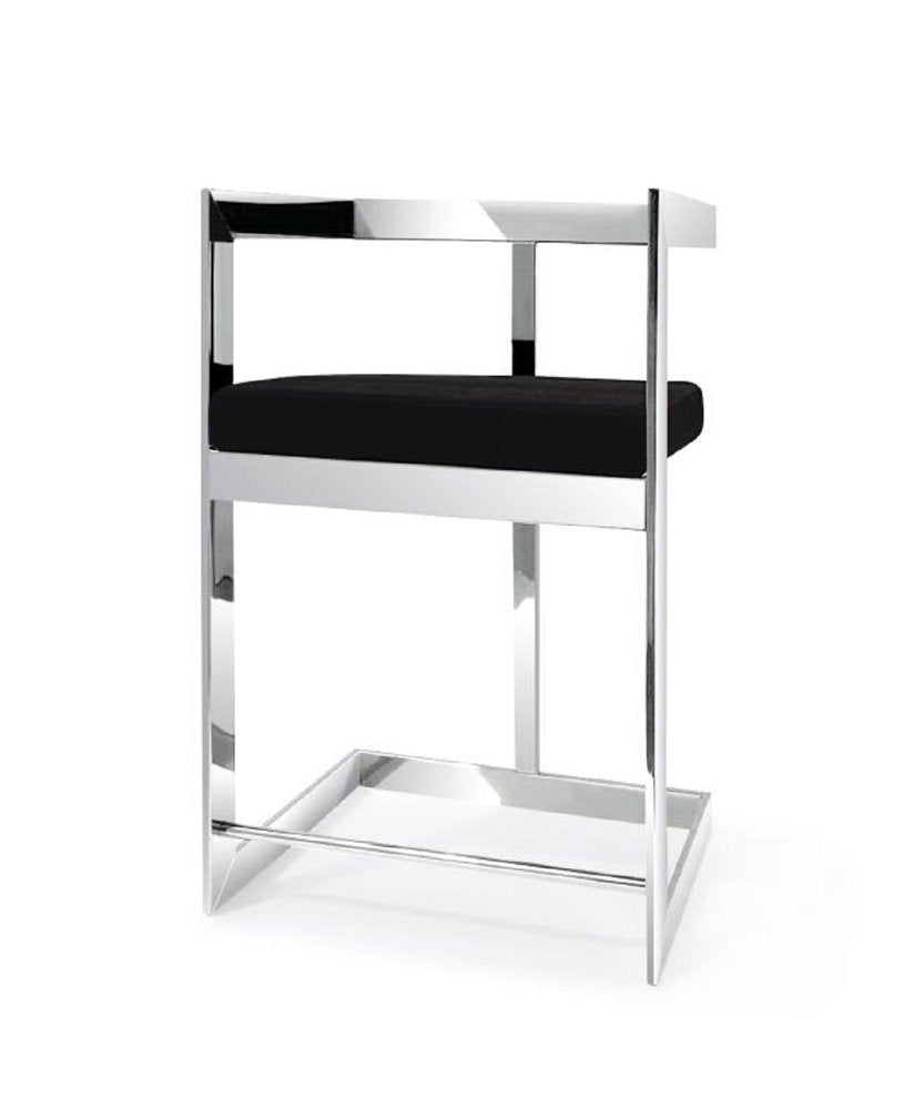 30" Black and Silver Velvet and Stainless Steel Low Back Bar Height Bar Chair