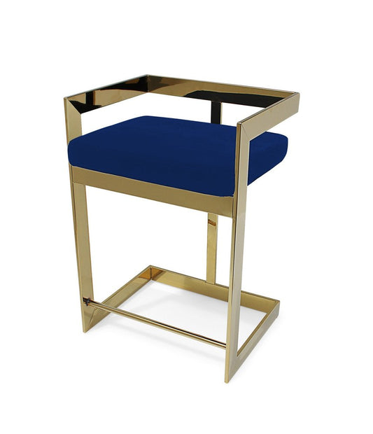26" Blue and Gold Metal and Velvet Low Back Counter Height Bar Chair