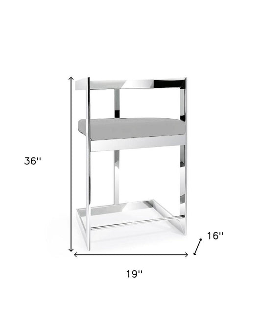 26" Gray and Silver Velvet and Stainless Steel Low Back Counter Height Bar Chair