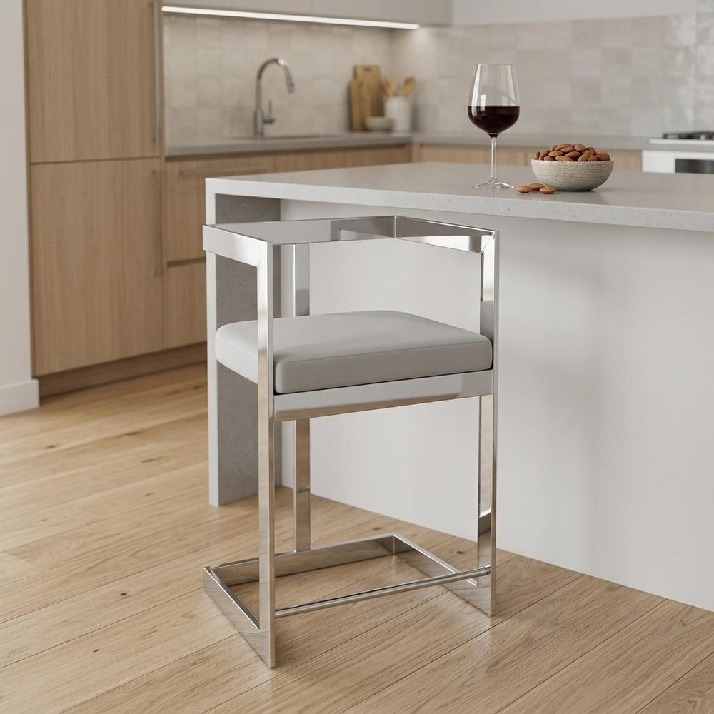 26" Gray and Silver Velvet and Stainless Steel Low Back Counter Height Bar Chair