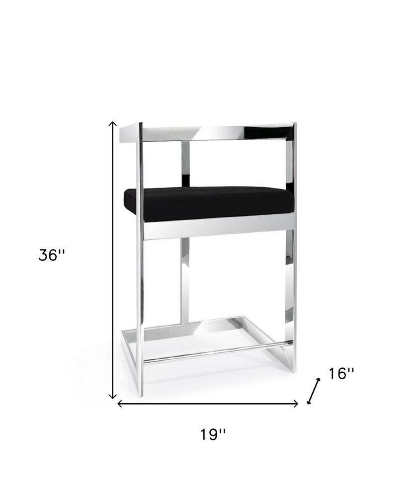 26" Black and Silver Velvet and Stainless Steel Low Back Counter Height Bar Chair