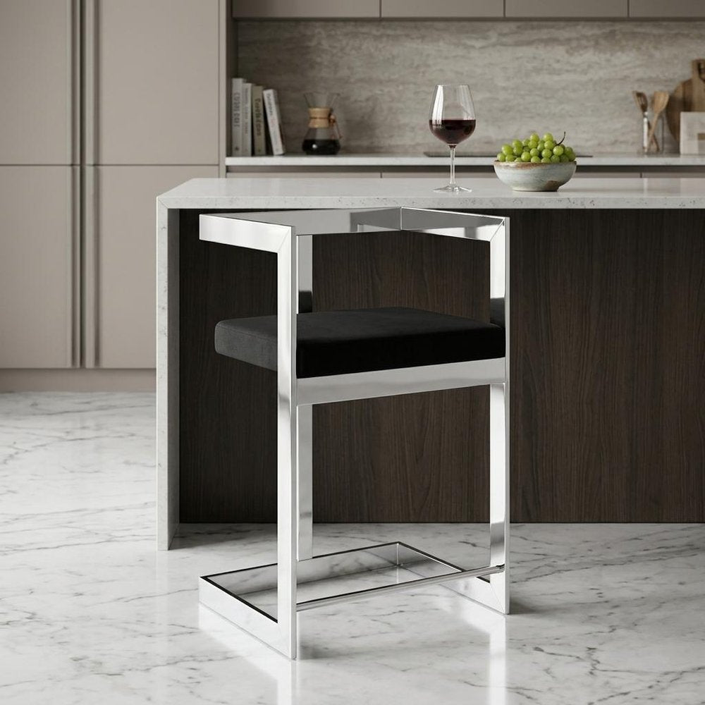 26" Black and Silver Velvet and Stainless Steel Low Back Counter Height Bar Chair