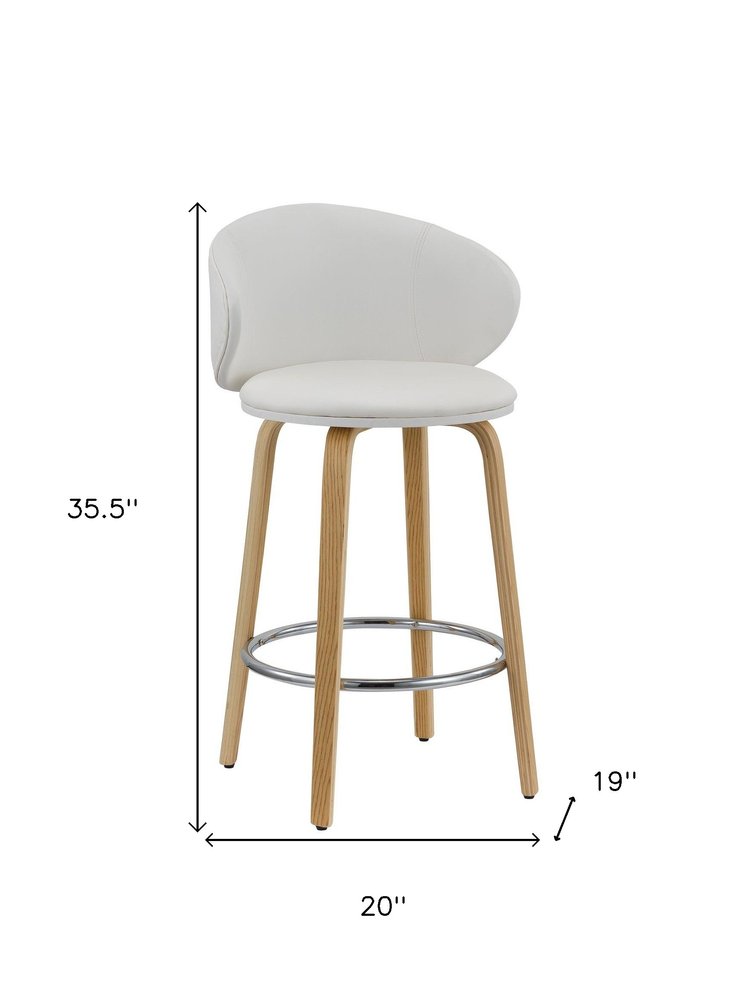 Set of Two 26" White and Brown Faux Leather and Solid Wood Low Back Counter Height Bar Chairs