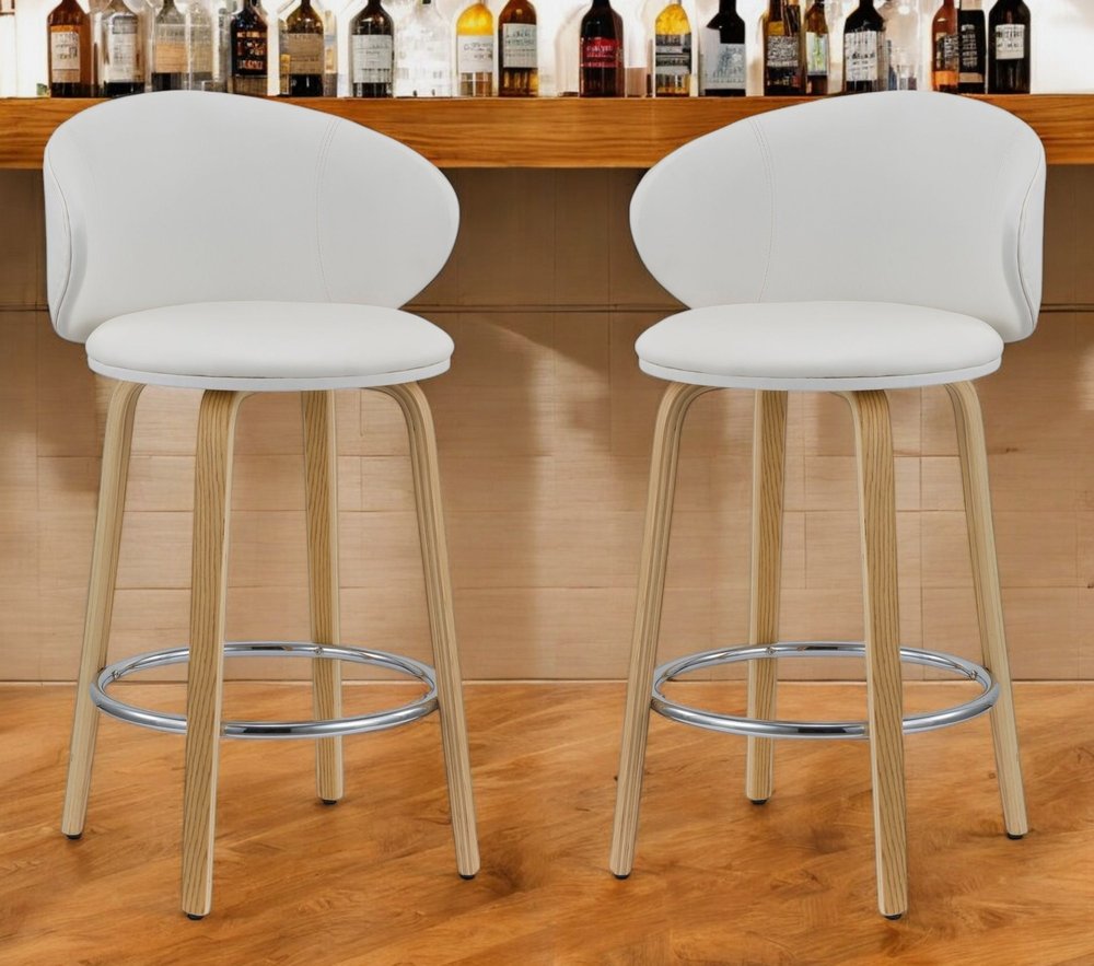 Set of Two 26" White and Brown Faux Leather and Solid Wood Low Back Counter Height Bar Chairs