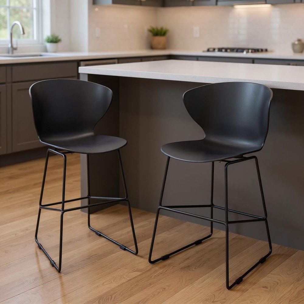 Set of Two 26" Black Heavy Duty Plastic and Metal Low Back Counter Height Bar Chairs