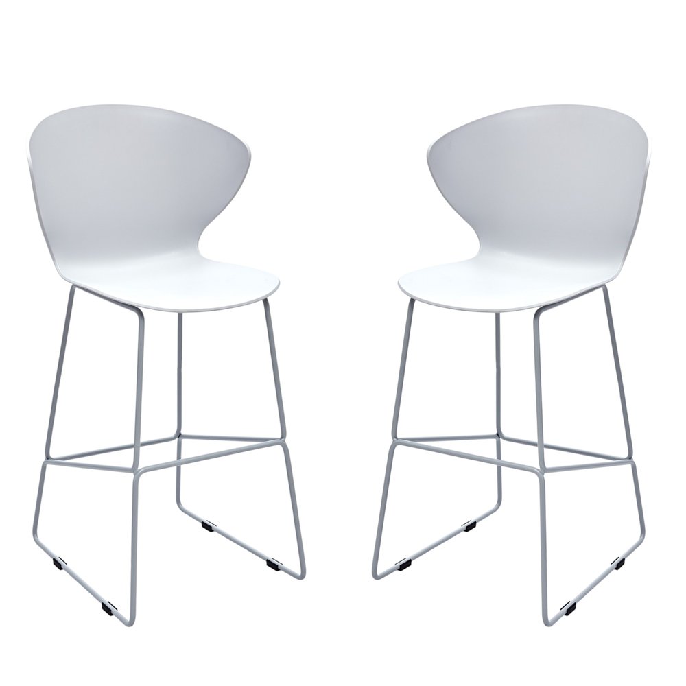 Set of Two 26" White and Silver Heavy Duty Plastic and Metal Low Back Counter Height Bar Chairs