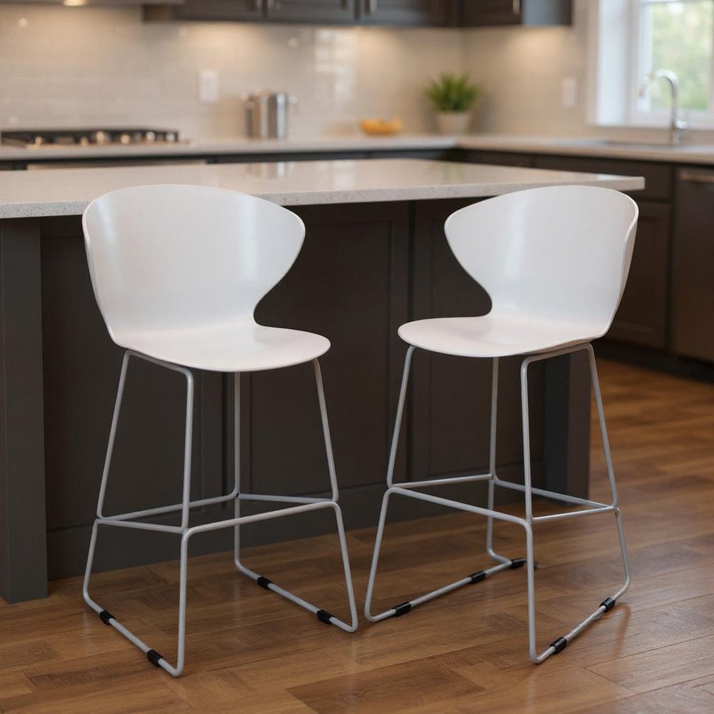Set of Two 26" White and Silver Heavy Duty Plastic and Metal Low Back Counter Height Bar Chairs