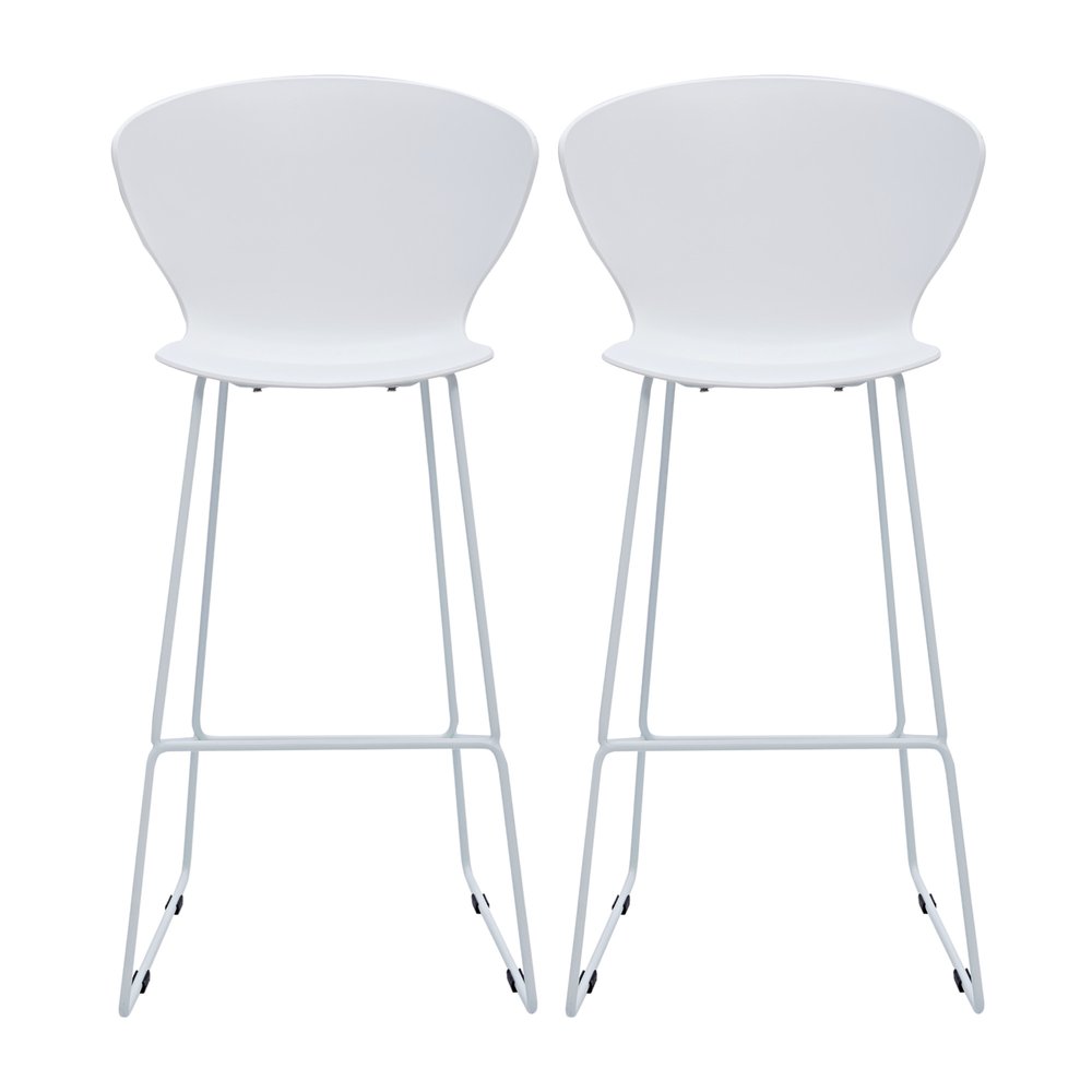 Set of Two 30" White and Silver Heavy Duty Plastic and Metal Low Back Bar Height Bar Chairs