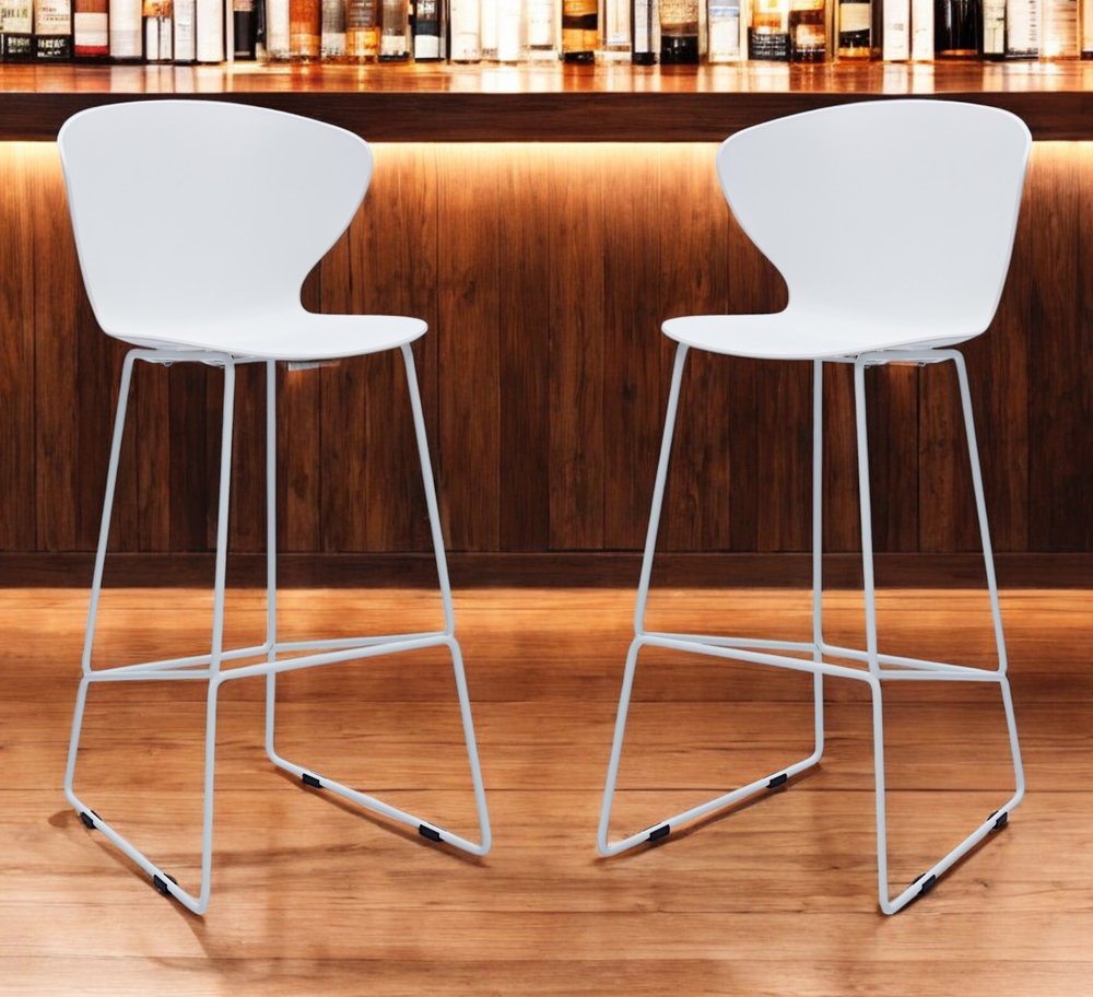 Set of Two 30" White and Silver Heavy Duty Plastic and Metal Low Back Bar Height Bar Chairs