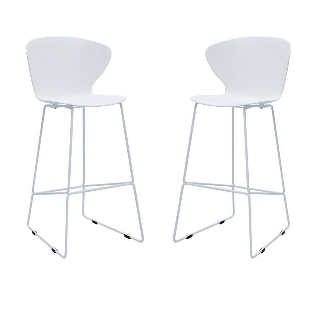 Set of Two 30" White and Silver Heavy Duty Plastic and Metal Low Back Bar Height Bar Chairs