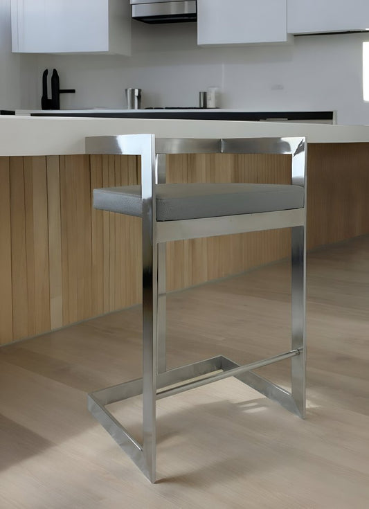 26" Gray and Silver Faux Leather and Metal Low Back Counter Height Bar Chair