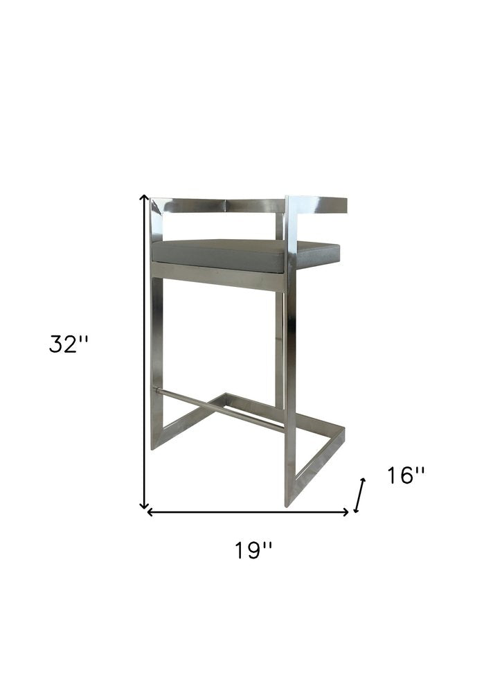 26" Gray and Silver Faux Leather and Metal Low Back Counter Height Bar Chair