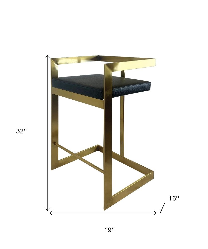 26" Black and Gold Faux Leather and Stainless Steel Low Back Counter Height Bar Chair