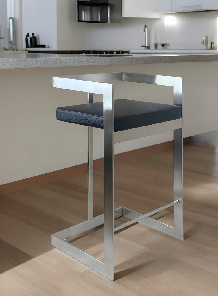 26" Black and Silver Faux Leather and Metal Low Back Counter Height Bar Chair