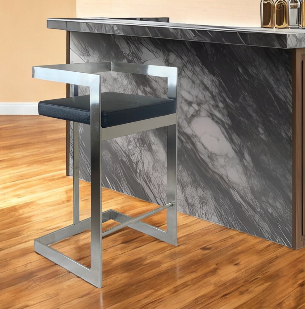 26" Black and Silver Faux Leather and Metal Low Back Counter Height Bar Chair