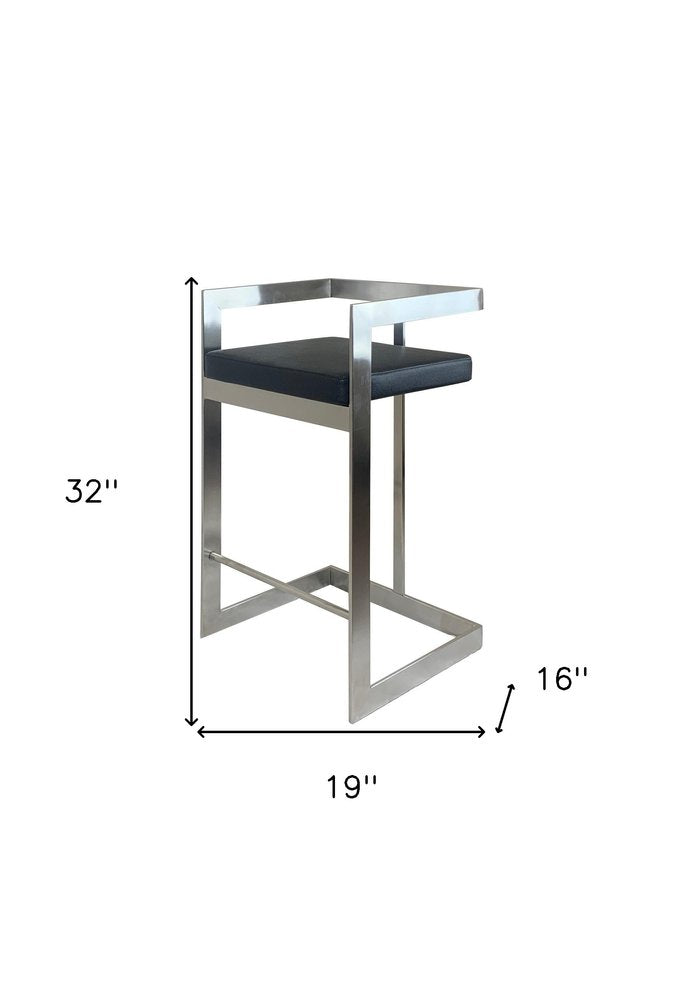 26" Black and Silver Faux Leather and Metal Low Back Counter Height Bar Chair