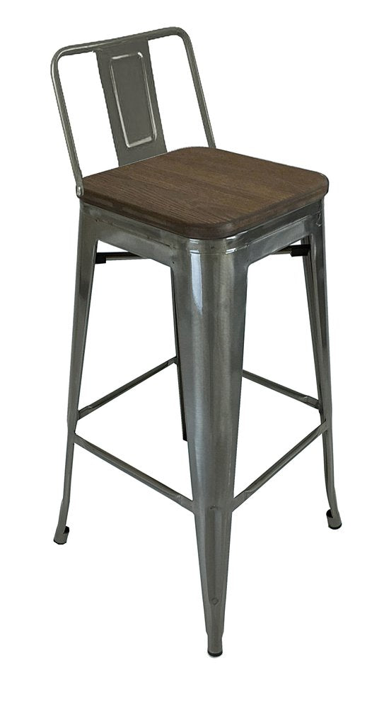 Set of Four 30" Brown and Gray Solid Wood and Metal Low Back Bar Height Bar Chairs