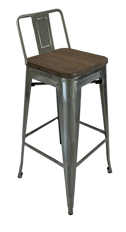 Set of Four 30" Brown and Gray Solid Wood and Metal Low Back Bar Height Bar Chairs