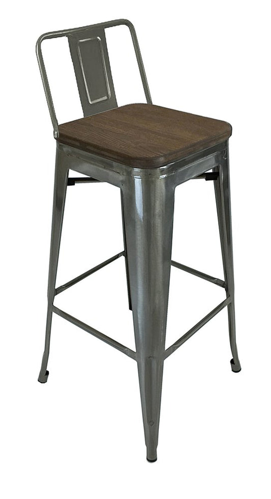 Set of Four 30" Brown and Gray Solid Wood and Metal Low Back Bar Height Bar Chairs