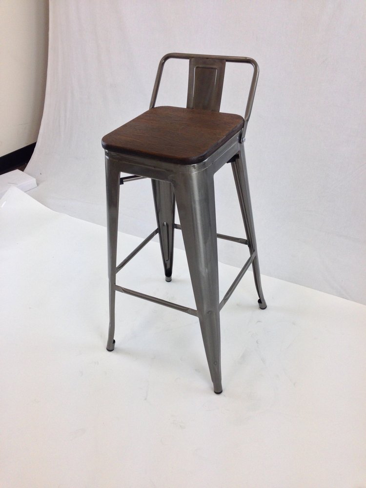 Set of Four 30" Brown and Gray Solid Wood and Metal Low Back Bar Height Bar Chairs