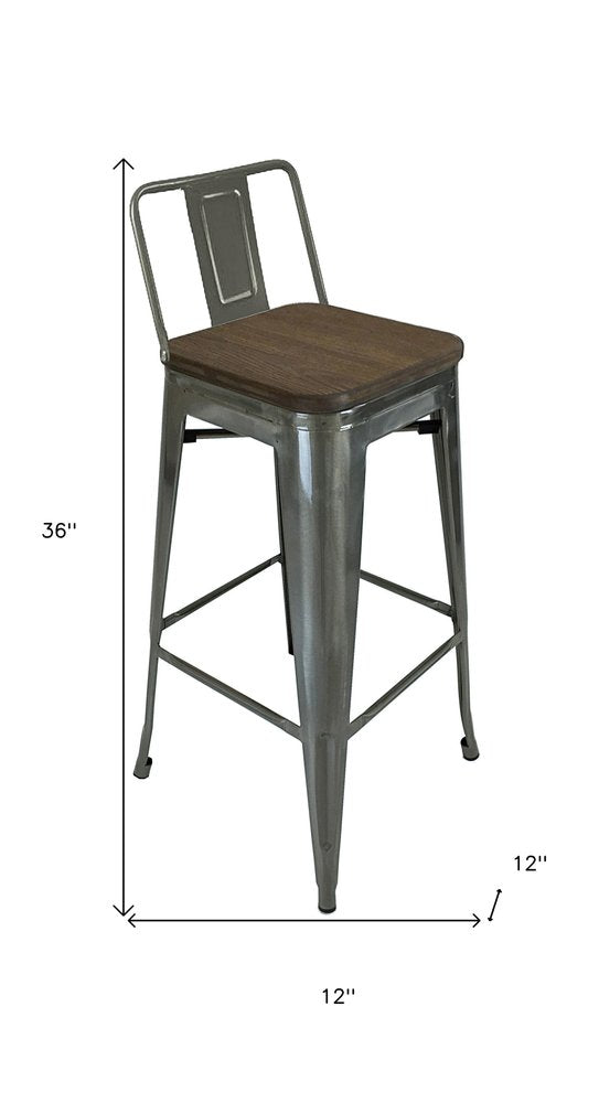 Set of Four 30" Brown and Gray Solid Wood and Metal Low Back Bar Height Bar Chairs