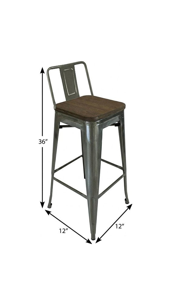 Set of Four 30" Brown and Gray Solid Wood and Metal Low Back Bar Height Bar Chairs