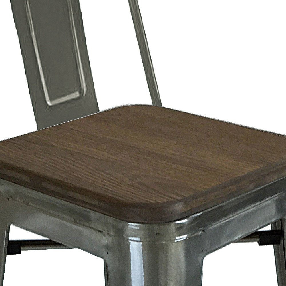 Set of Four 30" Brown and Gray Solid Wood and Metal Low Back Bar Height Bar Chairs