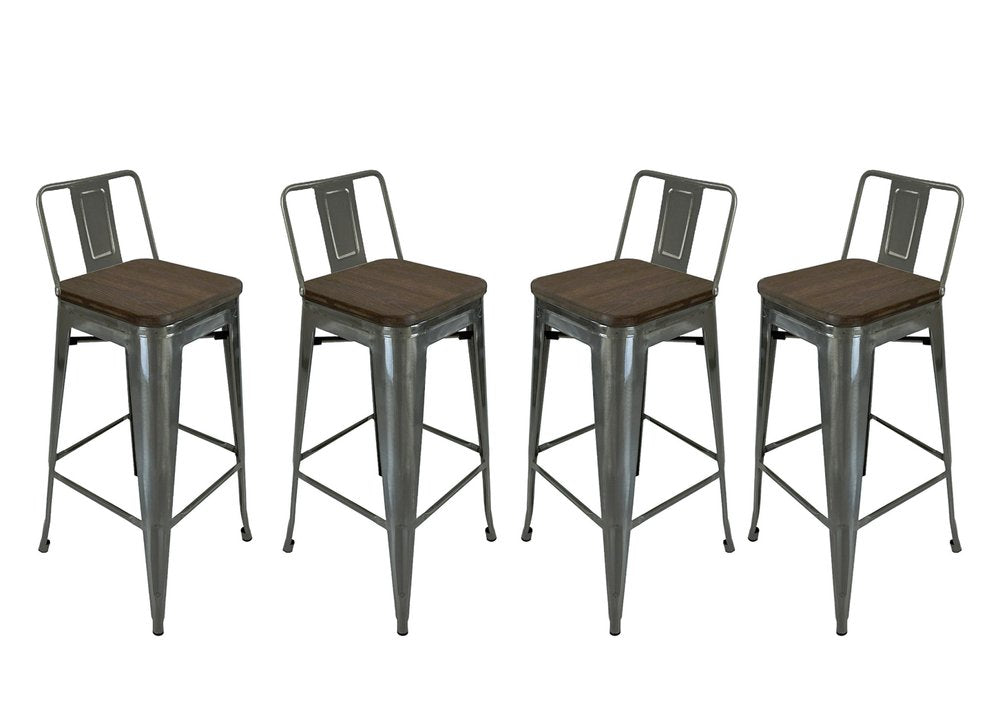 Set of Four 30" Brown and Gray Solid Wood and Metal Low Back Bar Height Bar Chairs