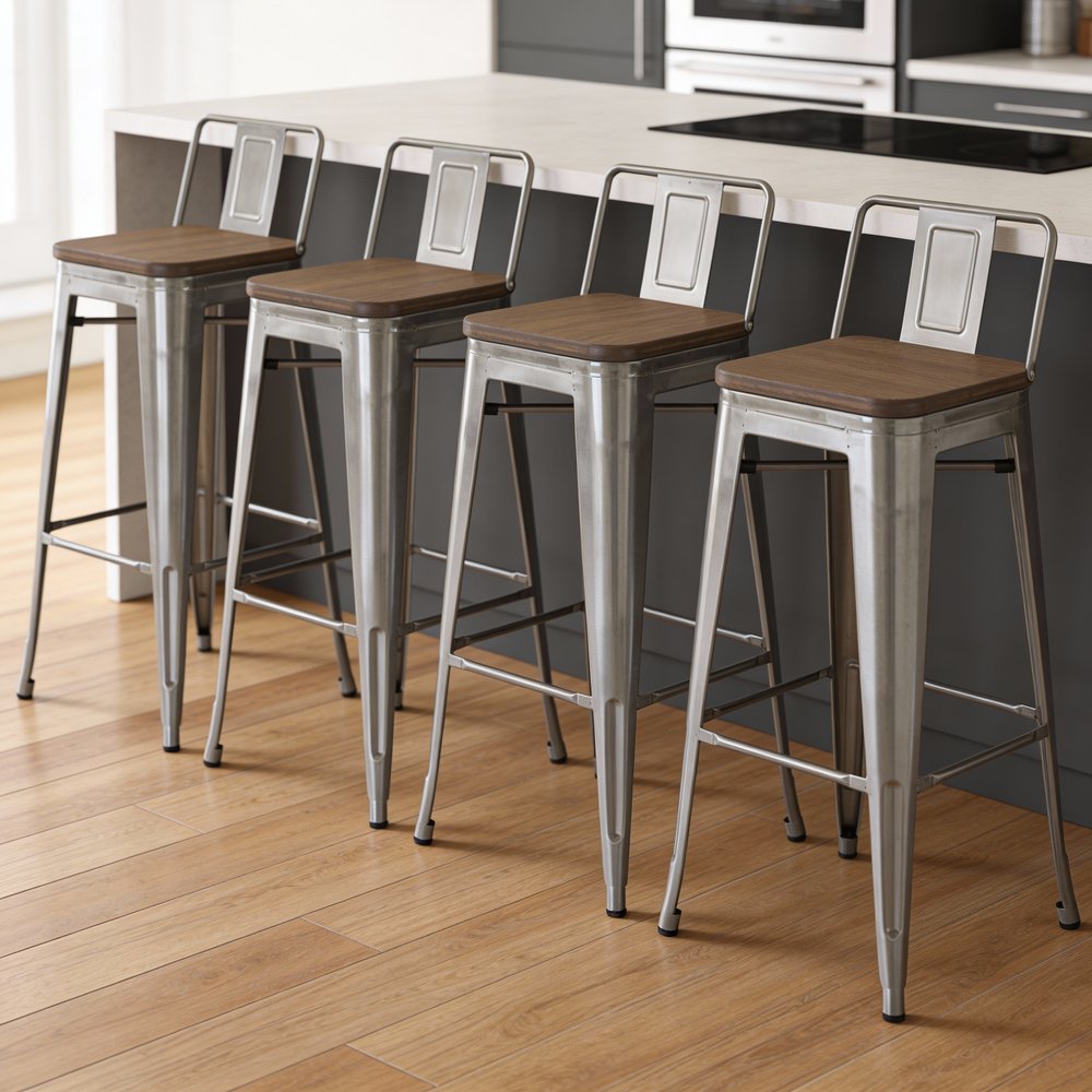 Set of Four 30" Brown and Gray Solid Wood and Metal Low Back Bar Height Bar Chairs