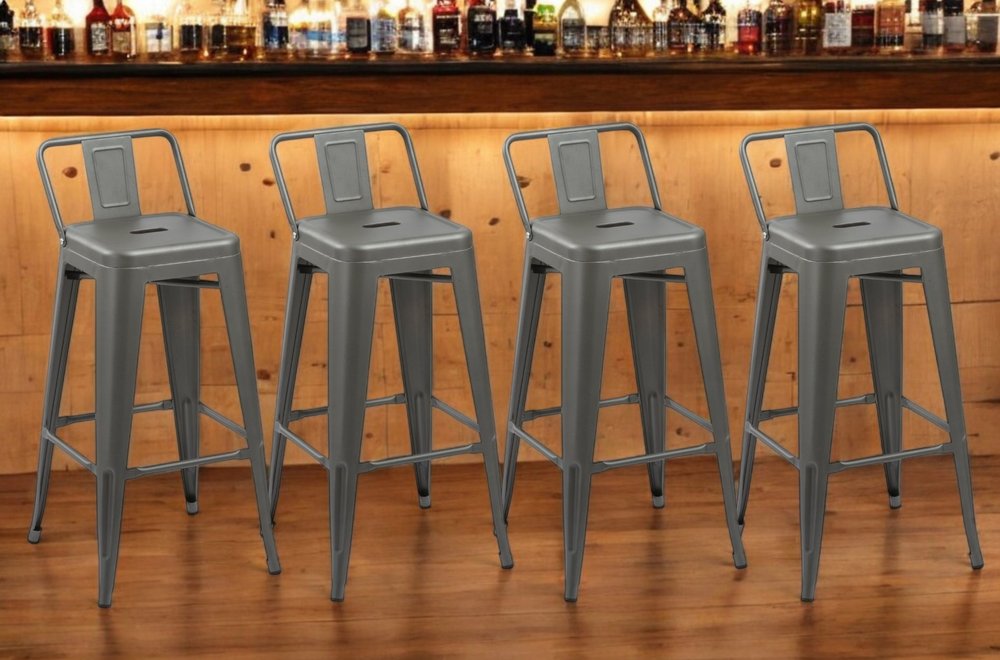 Set of Four 26" Dark Gray Steel and Metal Low Back Counter Height Bar Chairs